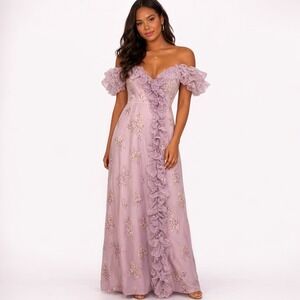 Vintage‎ 60's Pink Purple Feminine Ruffled Off Shoulder Full Length Dress Small